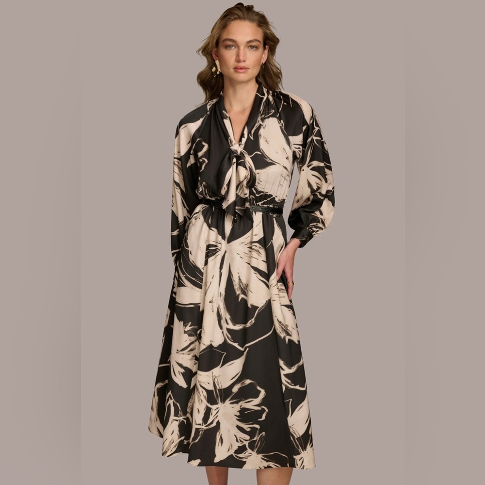 NEW NWOT Donna Karan New York Tie Neck Abstract Floral Printed Belted Dress SZ 4